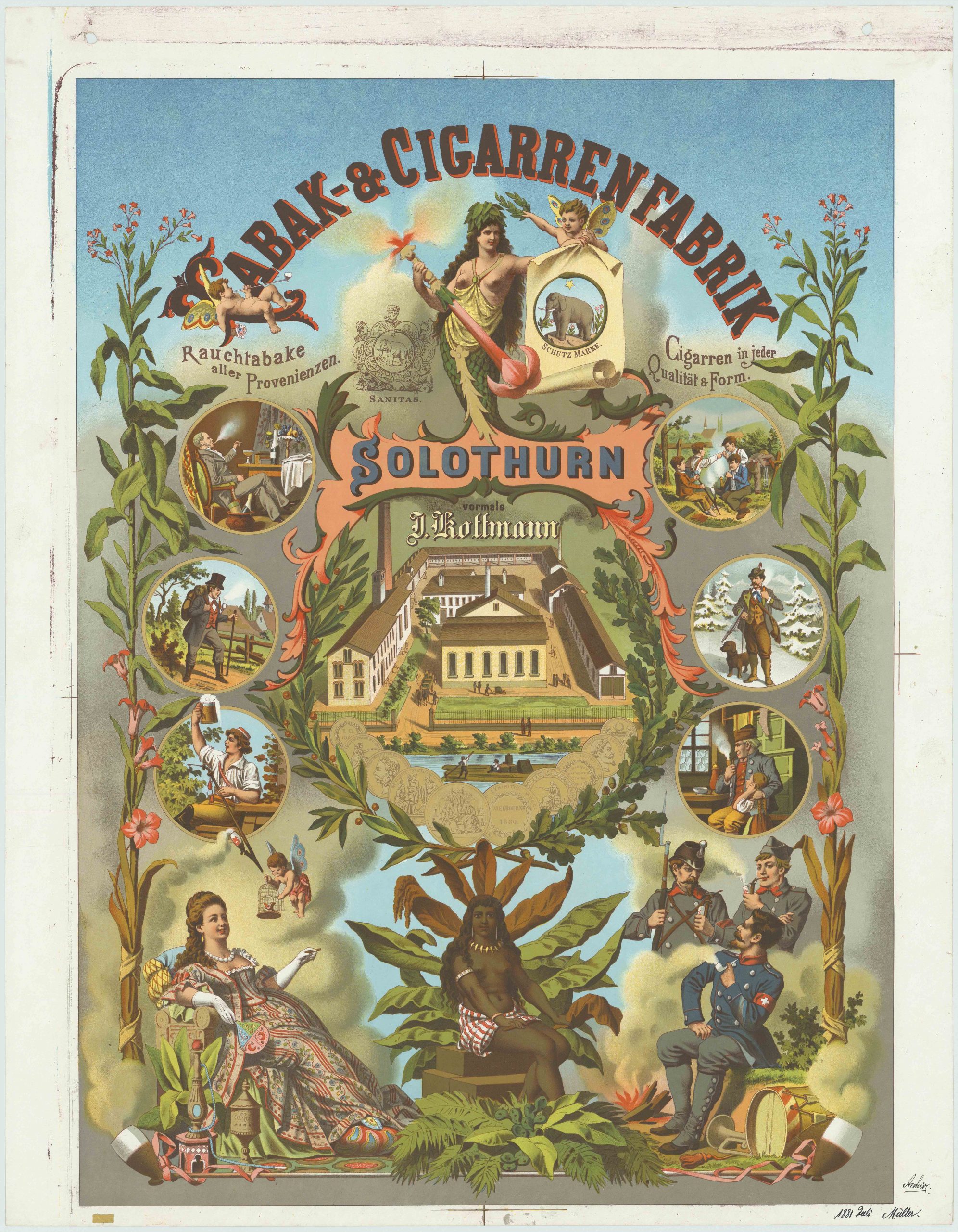 Werbeplakat für die „Tabak & Cigarerrenfabrik Solothurn“, 1881, Chromolithografie