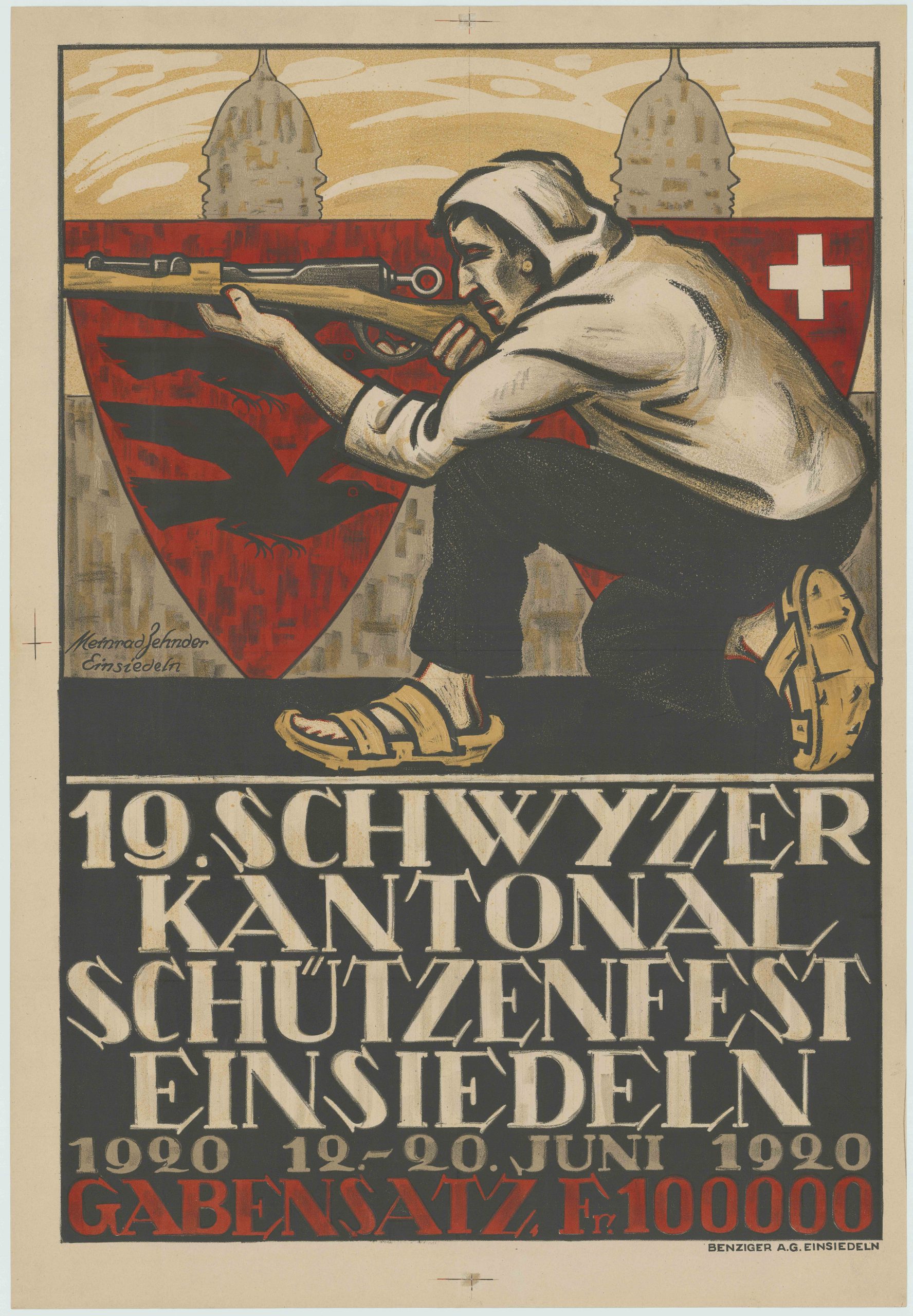 Meinrad Zehnder, Plakat zum 19. Kantonalen Schützenfest in Einsiedeln, 12.-20. Juni 1920, Chromolithografie