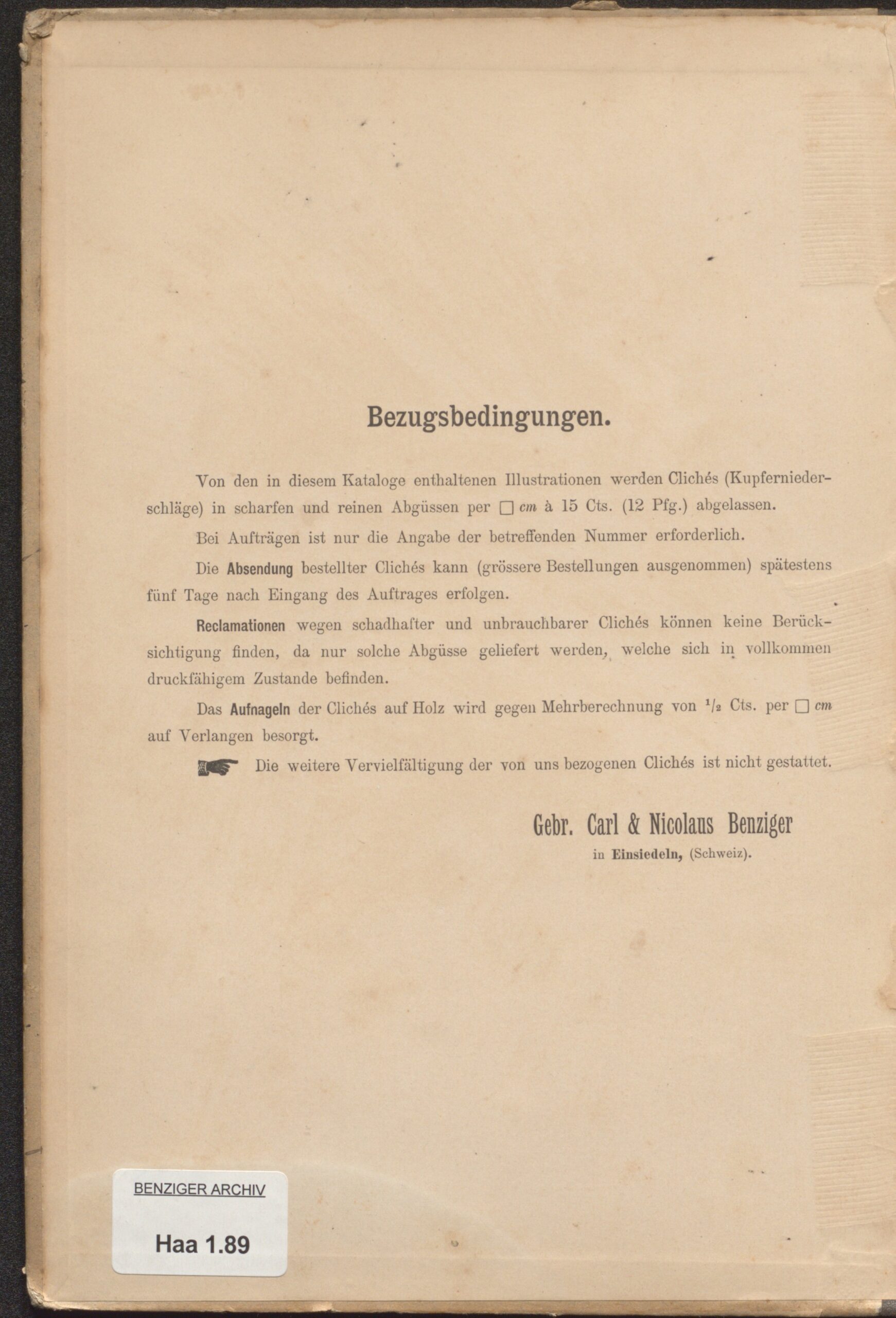 Bezugsbedingungen für Klischees im «Clichés-Katalog» aus dem Jahr 1879