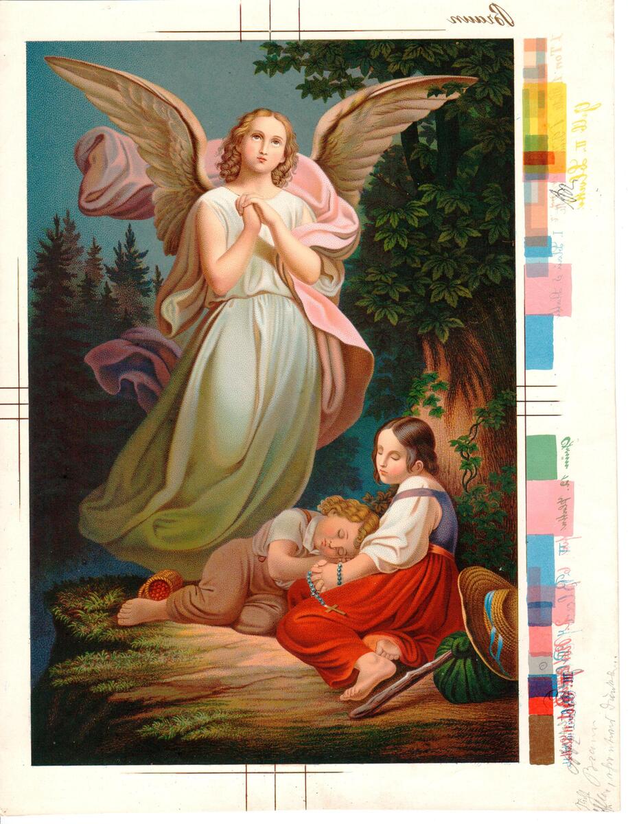Andachtsbild «Schutzengel mit zwei Kindern» nach Melchior Paul von Deschwanden, vor 1892, Chromolithografie